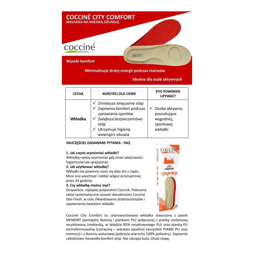 WKŁADKI DO BUTÓW ZWIĘKSZAJĄCE KOMFORT CHODZENIA CITY COMFORT R 36-39