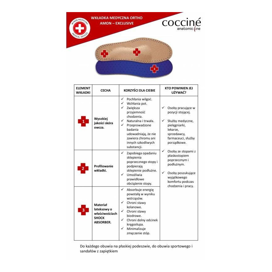 WKŁADKI DO BUTÓW MEDYCZNE COCCINE ORTHO AMON rozm. 41-42
