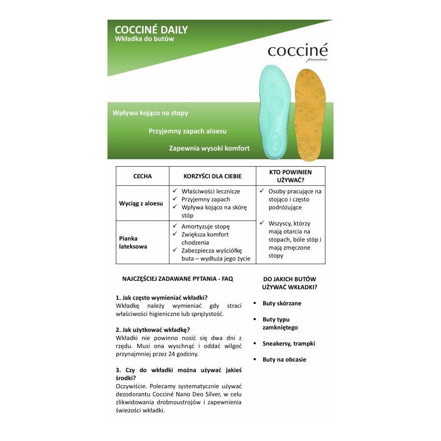 WKŁADKI DO BUTÓW COCCINE DAILY WITH ALOE VERA rozm. 37-38