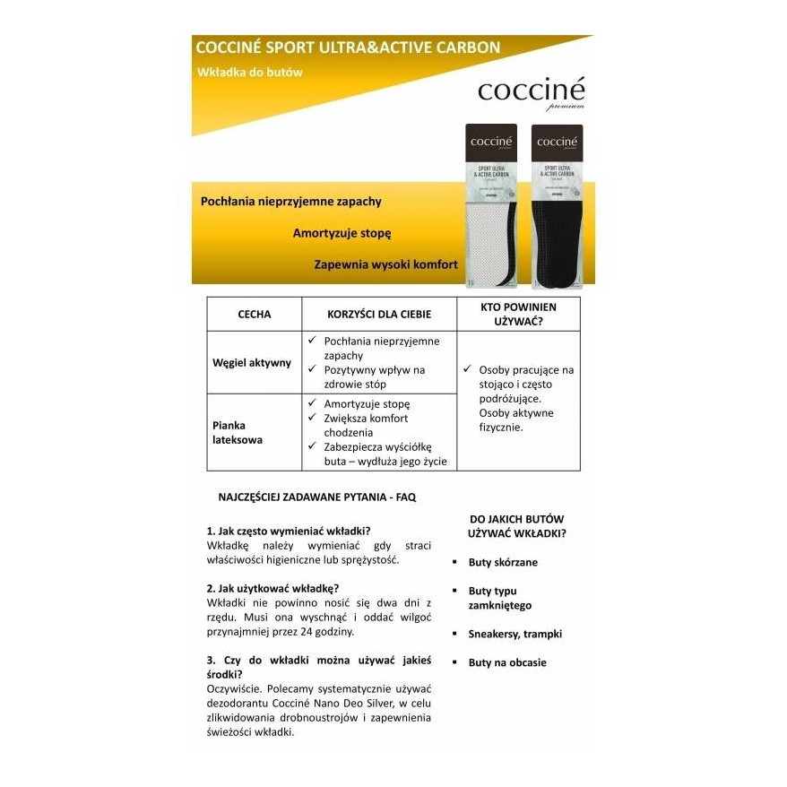 COCCINE WKŁADKI SPORT ULTRA&ACTIVE CARBON rozm. 35-36