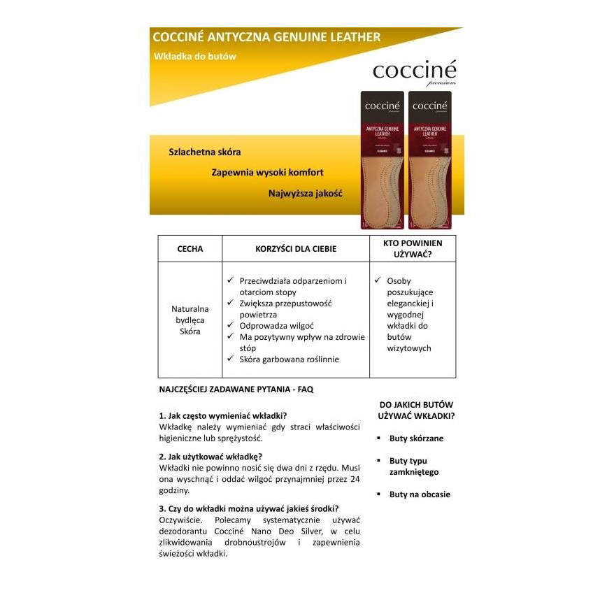 SKÓRZANE WKŁADKI DO BUTÓW COCCINE GENUINE LEATHER rozm 39-40