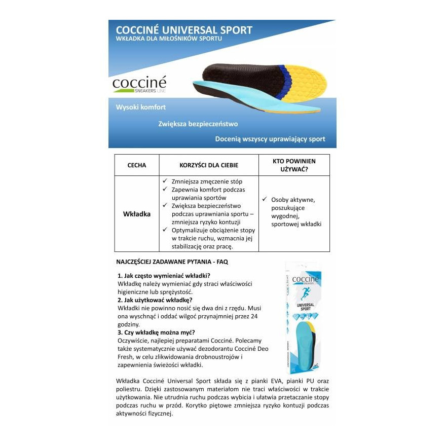 WKŁADKI DO BUTÓW SNEAKERS COCCINE UNIVERSAL SPORT rozm 36-39