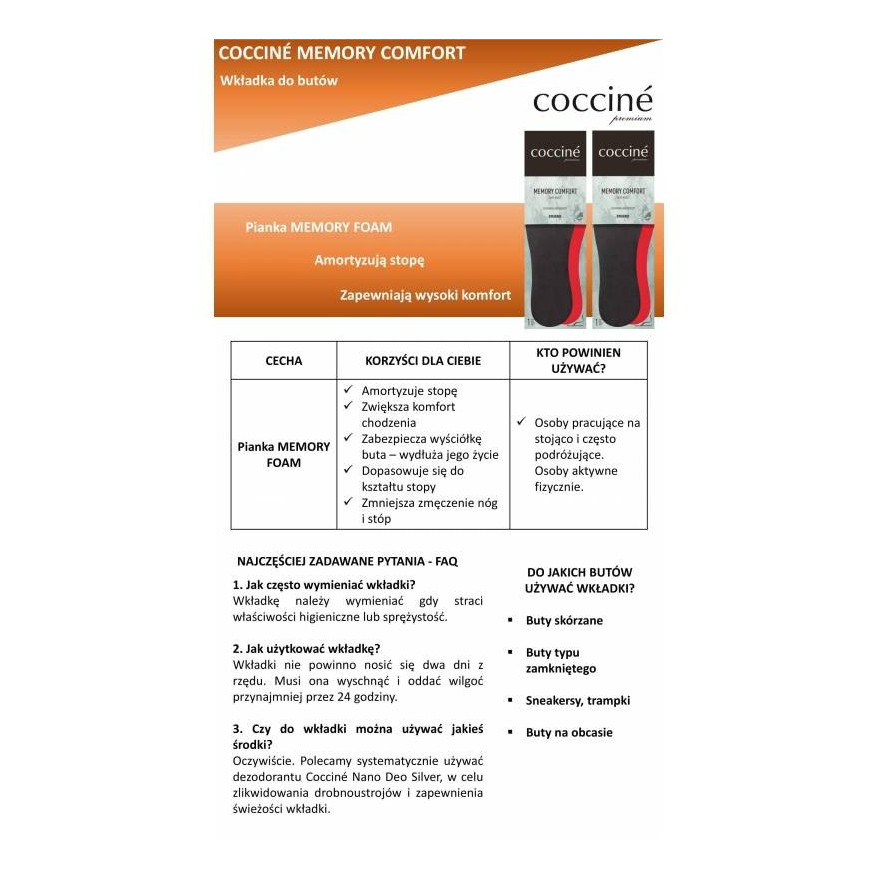 WKŁADKI DO BUTÓW MEMORY COMFORT COCCINE r.42 103022