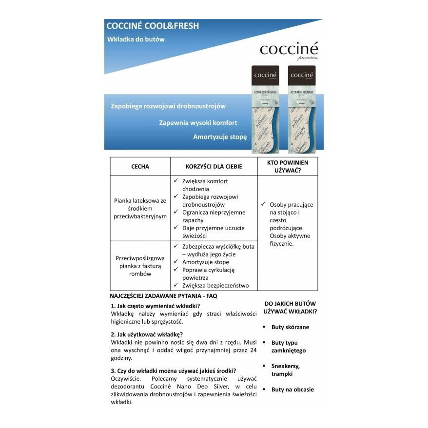 WKŁADKI ODŚWIEŻAJĄCE DO BUTÓW ACTIFRESH PREMIUM COCCINE r.40 103023