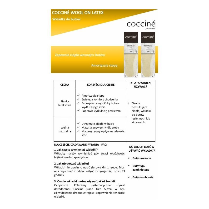 WKŁADKI COCCINE WOOL ON LATEX - WEŁNA NA LATEKSIE r.46 1032014