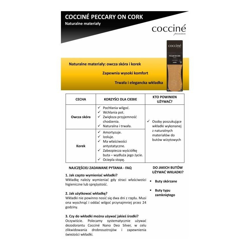 WKŁADKI DO BUTÓW SKÓRZANE NA KORKU COCCINE r.45-46 103024