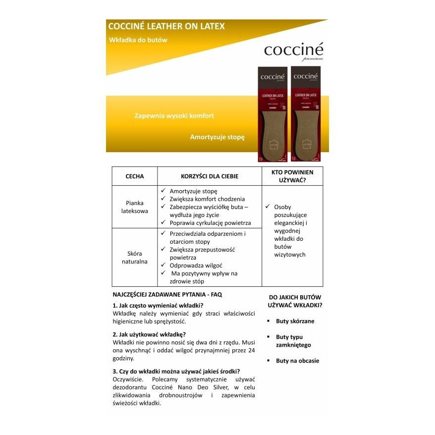 WKŁADKI SKÓRZANE DO BUTÓW LEATHER ON LATEX COCCINE r.36 103073