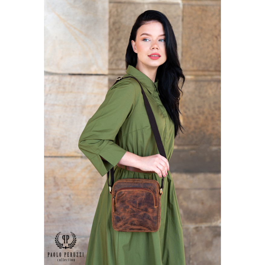 BRĄZOWA TOREBKA SKÓRZANA LISTONOSZKA NA RAMIĘ PAOLO PERUZZI T-63-HBR