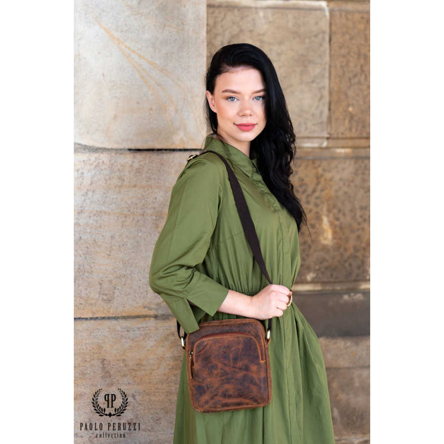 BRĄZOWA TOREBKA SKÓRZANA LISTONOSZKA NA RAMIĘ PAOLO PERUZZI T-63-HBR
