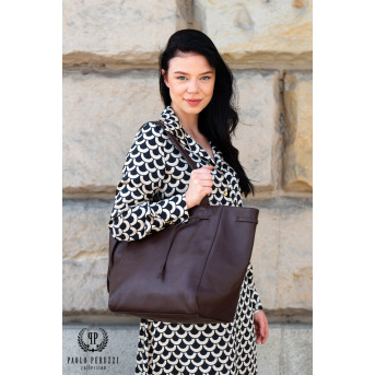 TORBA SHOPPER SKÓRZANA DAMSKA NA RAMIĘ BRĄZOWA PAOLO PERUZZI IN-64-BR