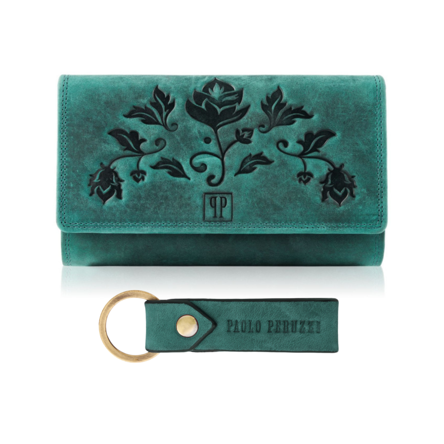 ZESTAW PREZENTOWY DLA KOBIET ZUP-95-GR SKÓRZANY PORTFEL T-05-GR I BRELOCZEK VINTAGE T-87-HGR