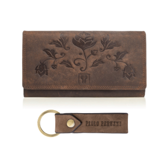 ZESTAW PREZENTOWY DLA KOBIET ZUP-95-BR SKÓRZANY PORTFEL T-05-BR I BRELOCZEK VINTAGE T-87-HBR