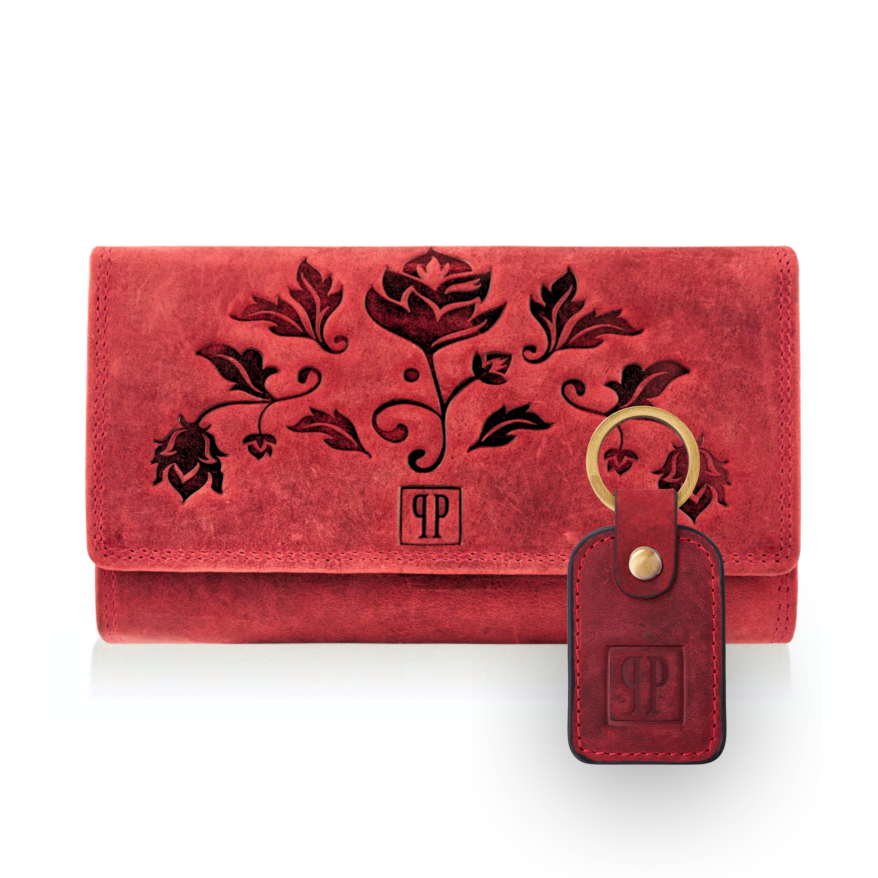 ZESTAW UPOMINKOWY DLA KOBIET ZUP-97-RD PORTFEL SKÓRZANY T-05-RD I BRELOCZEK VINTAGE T-86-HRD