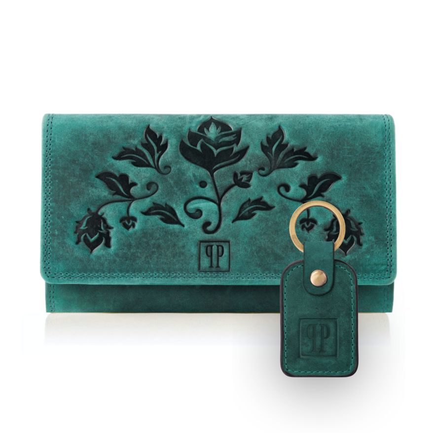 ZESTAW UPOMINKOWY DLA KOBIET ZUP-97-GR PORTFEL SKÓRZANY T-05-GR I BRELOCZEK VINTAGE T-86-HGR