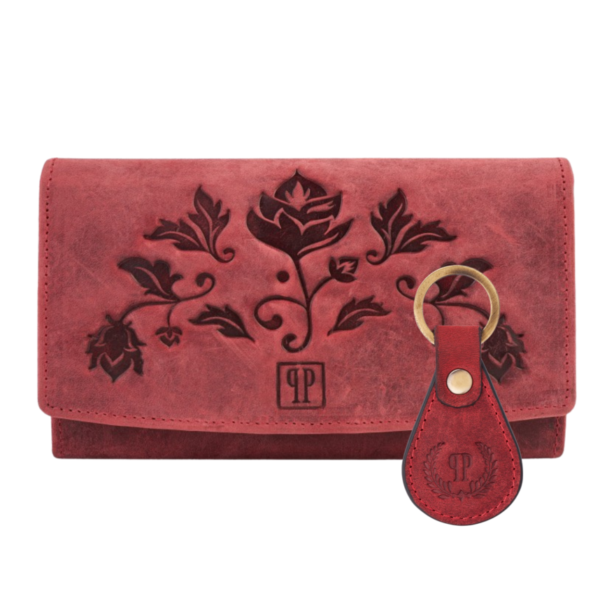 ZESTAW PREZENTOWY ZUP-99-RD PORTFEL DAMSKI SKÓRZANY T-01-RD I BRELOK VINTAGE T-85-RD