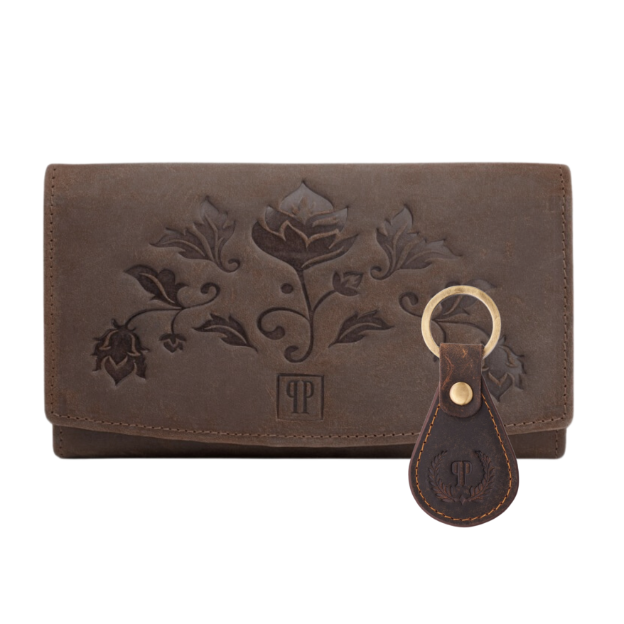 ZESTAW PREZENTOWY ZUP-99-BR PORTFEL DAMSKI SKÓRZANY T-01-BR I BRELOK BRĄZOWY VINTAGE T-85-HBR