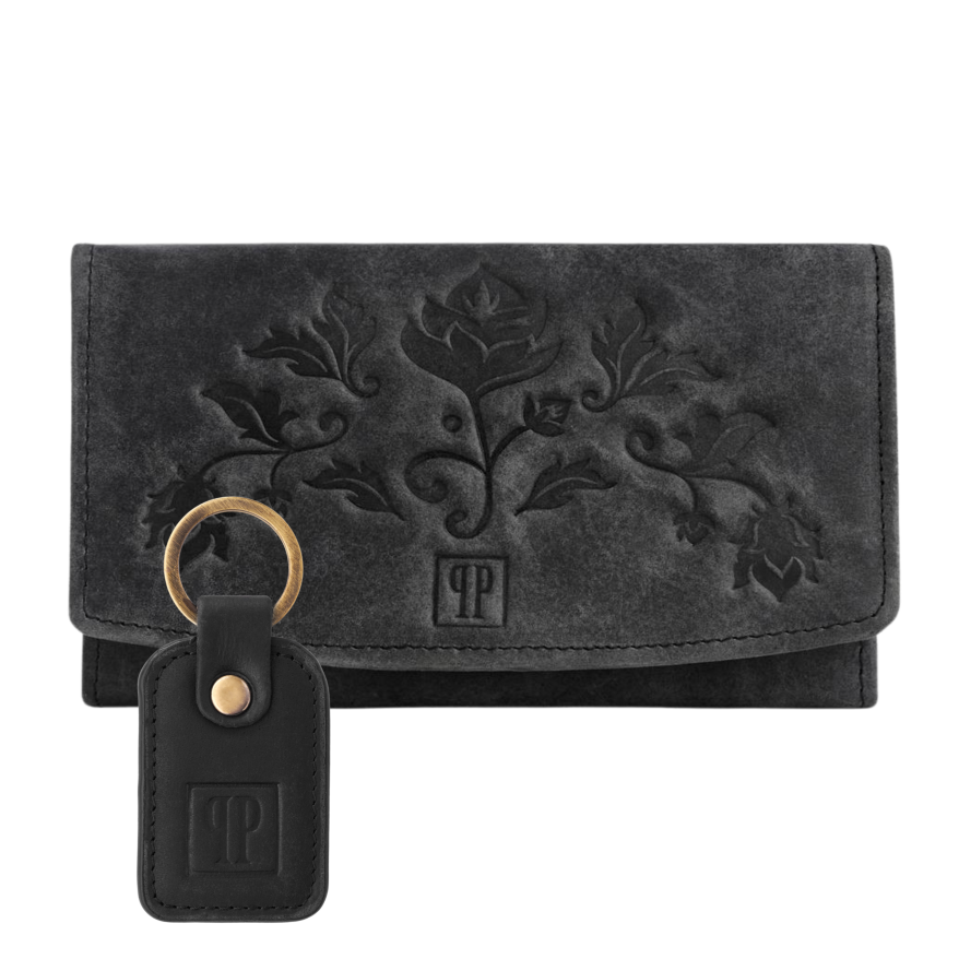 ZESTAW PREZENTOWY PORTFEL DAMSKI SKÓRZANY VINTAGE I BRELOK DO KLUCZY CZARNY PAOLO PERUZZI ZUP-104-BL