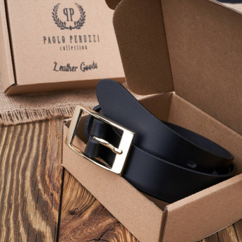 PASEK DAMSKI SKÓRZANY CZARNY 110 cm ZE ZŁOTĄ KLAMRĄ PAOLO PERUZZI PG-02-BLZ-110