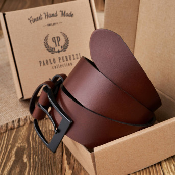 PASEK MĘSKI SKÓRZANY BRĄZOWY SZEROKI 100 cm Z CZARNĄ KLAMRĄ PAOLO PERUZZI PG-05-BRBL-100