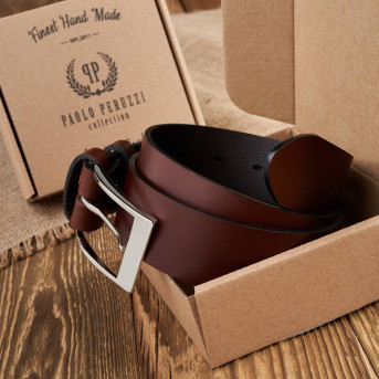 PASEK MĘSKI SKÓRZANY BRĄZOWY SZEROKI 120 cm ZE SREBRNĄ KLAMRĄ PAOLO PERUZZI PG-05-BRS-120