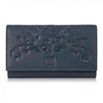 Portfel damski skórzany i brelok do kluczy zestaw granatowy