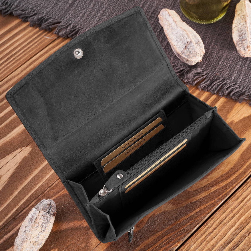 Portfel damski skórzany w stylu vintage duży czarny T-109-HBL