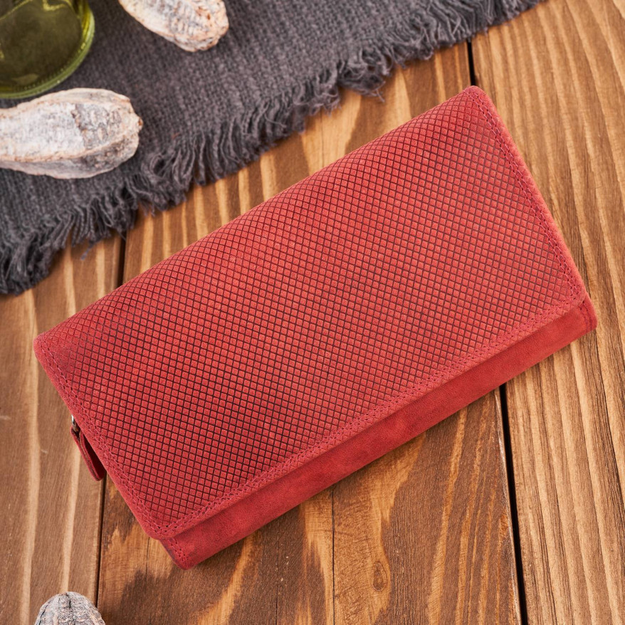 Portfel damski skórzany duży czerwony pojemny vintage T-113-HRD