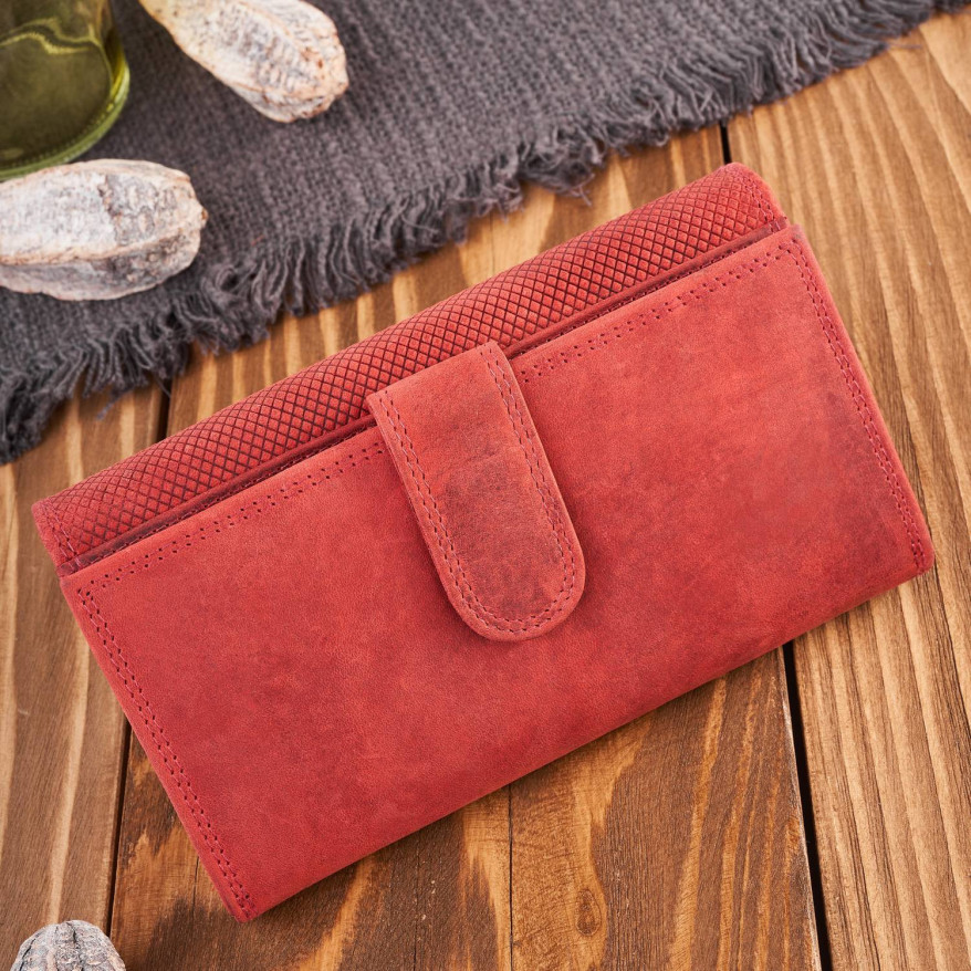 Portfel damski skórzany duży czerwony pojemny vintage T-113-HRD