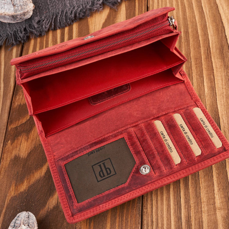 Portfel damski skórzany duży czerwony pojemny vintage T-113-HRD