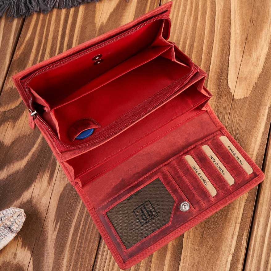 Portfel damski skórzany duży czerwony pojemny vintage T-113-HRD