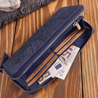 Portfel damski skórzany RFID w kwiaty granatowy vintage T-115-HDB