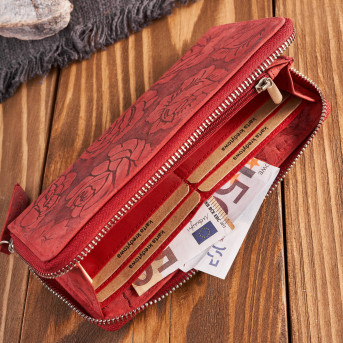 Portfel damski skórzany czerwony w kwiaty RFID vintage T-115-HRD