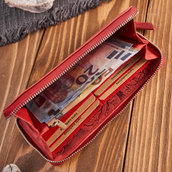 Portfel damski skórzany czerwony w kwiaty RFID vintage T-115-HRD