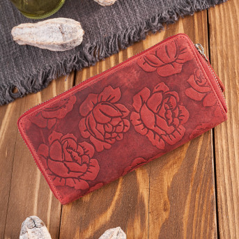 Portfel damski skórzany czerwony w kwiaty RFID vintage T-115-HRD