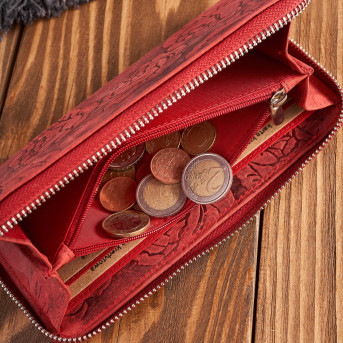 Portfel damski skórzany czerwony w kwiaty RFID vintage T-115-HRD