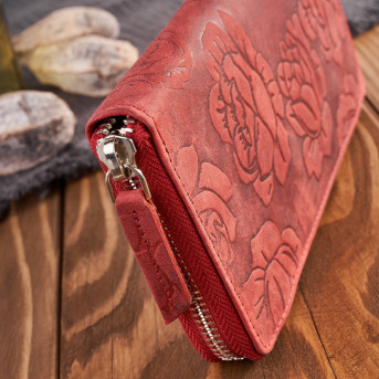 Portfel damski skórzany czerwony w kwiaty RFID vintage T-115-HRD