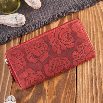 Portfel damski skórzany czerwony w kwiaty RFID vintage T-115-HRD