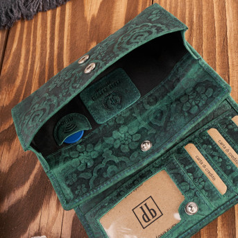 Portfel damski skórzany w kwiaty vintage duży RFID pojemny zielony T-111-HGR