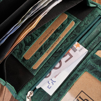 Portfel damski skórzany w kwiaty vintage duży RFID pojemny zielony T-111-HGR