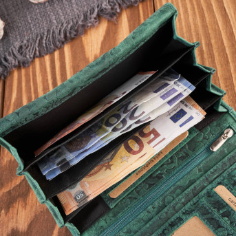 Portfel damski skórzany w kwiaty vintage duży RFID pojemny zielony T-111-HGR