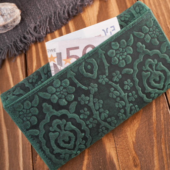 Portfel damski skórzany w kwiaty vintage duży RFID pojemny zielony T-111-HGR