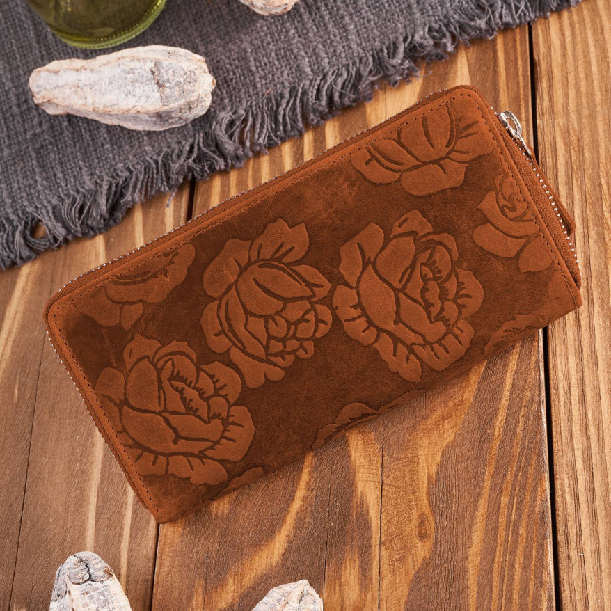 Portfel damski skórzany pomarańczowy w kwiaty RFID T-115-HOR