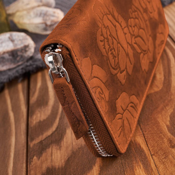 Portfel damski skórzany pomarańczowy w kwiaty RFID T-115-HOR