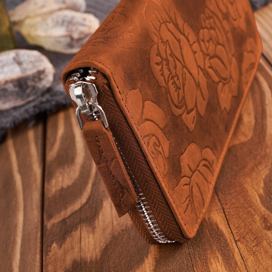 Portfel damski skórzany pomarańczowy w kwiaty RFID T-115-HOR