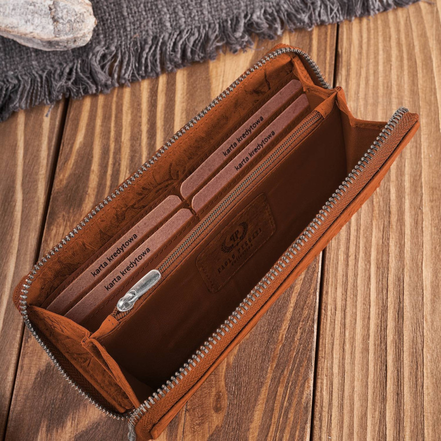 Portfel damski skórzany pomarańczowy w kwiaty RFID T-115-HOR