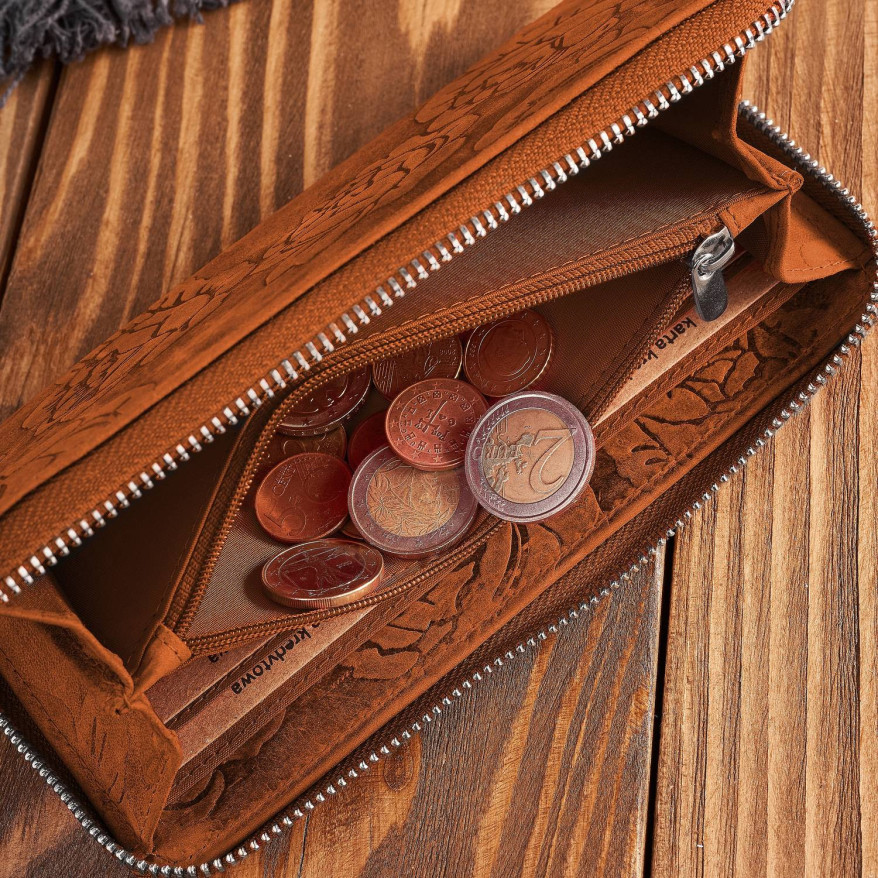 Portfel damski skórzany pomarańczowy w kwiaty RFID T-115-HOR