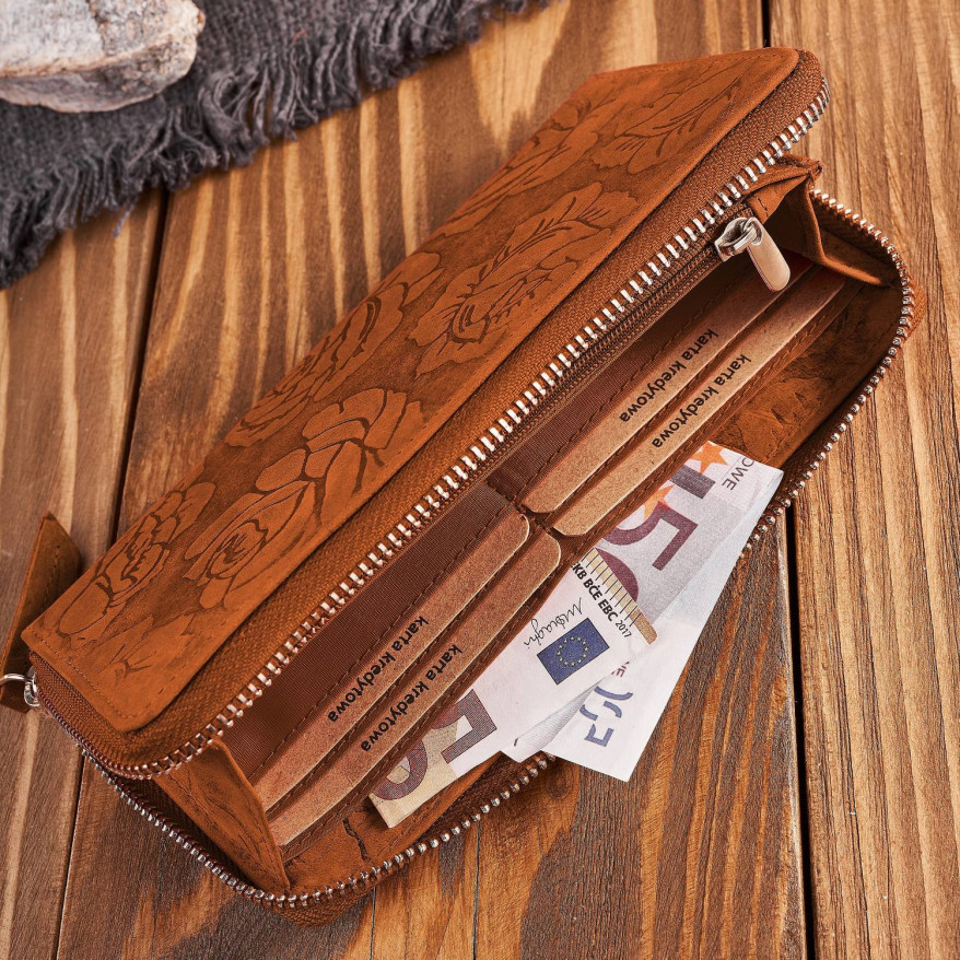 Portfel damski skórzany pomarańczowy w kwiaty RFID T-115-HOR