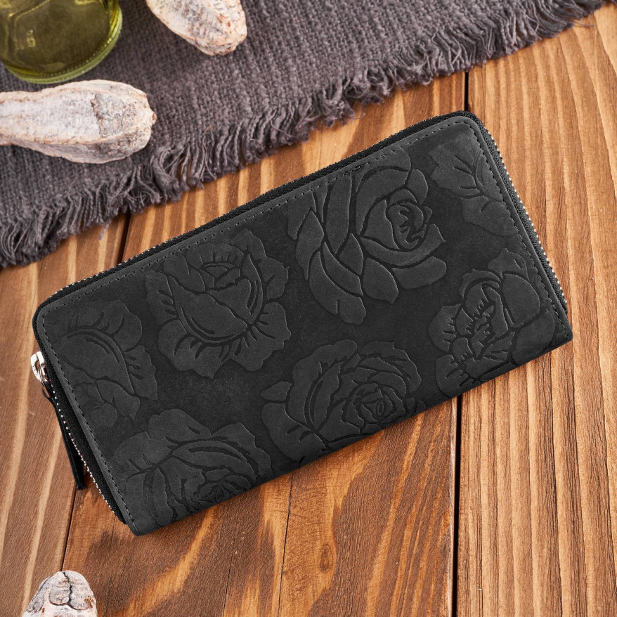 Portfel damski skórzany czarny w kwiaty RFID T-115-HBL