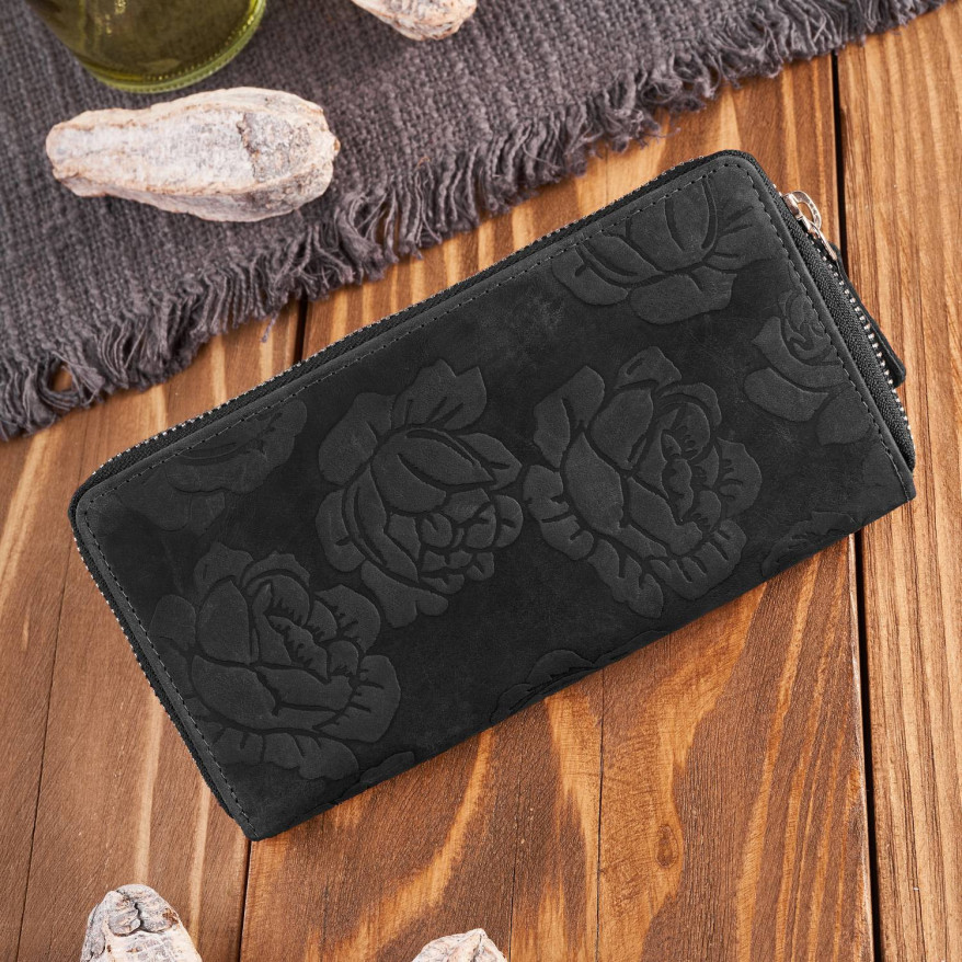 Portfel damski skórzany czarny w kwiaty RFID T-115-HBL