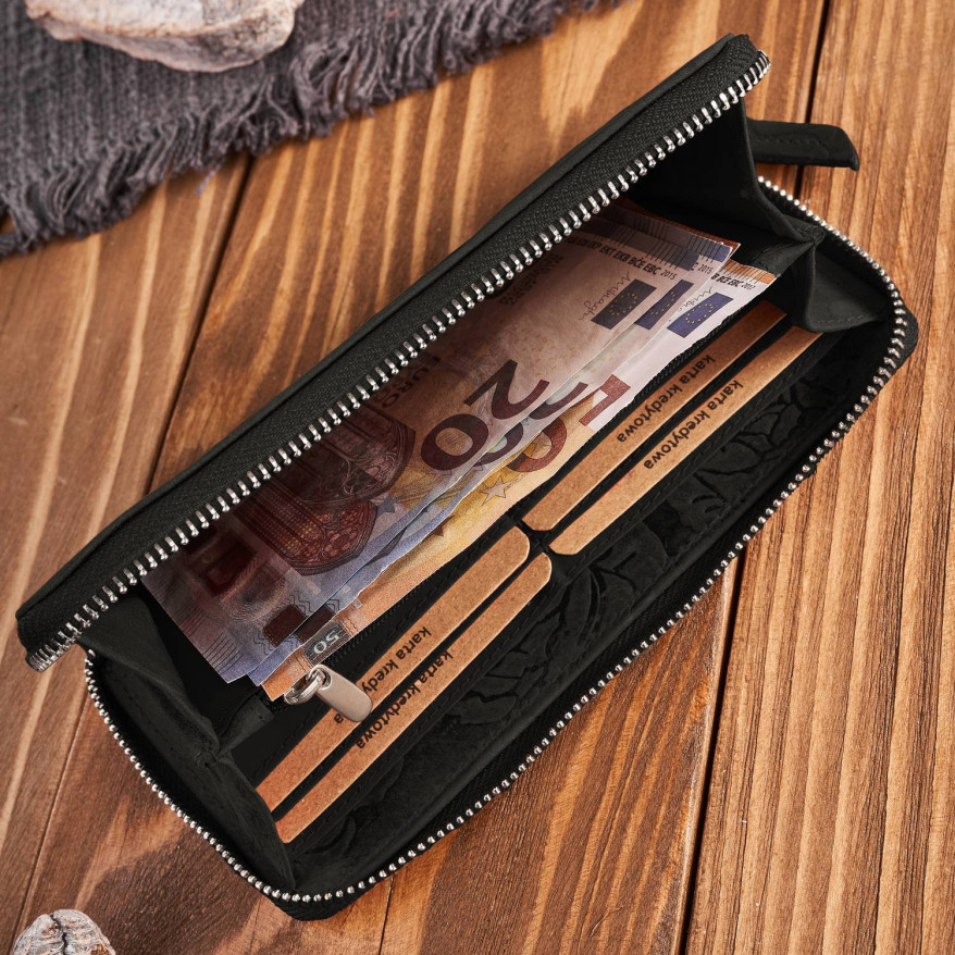 Portfel damski skórzany czarny w kwiaty RFID T-115-HBL